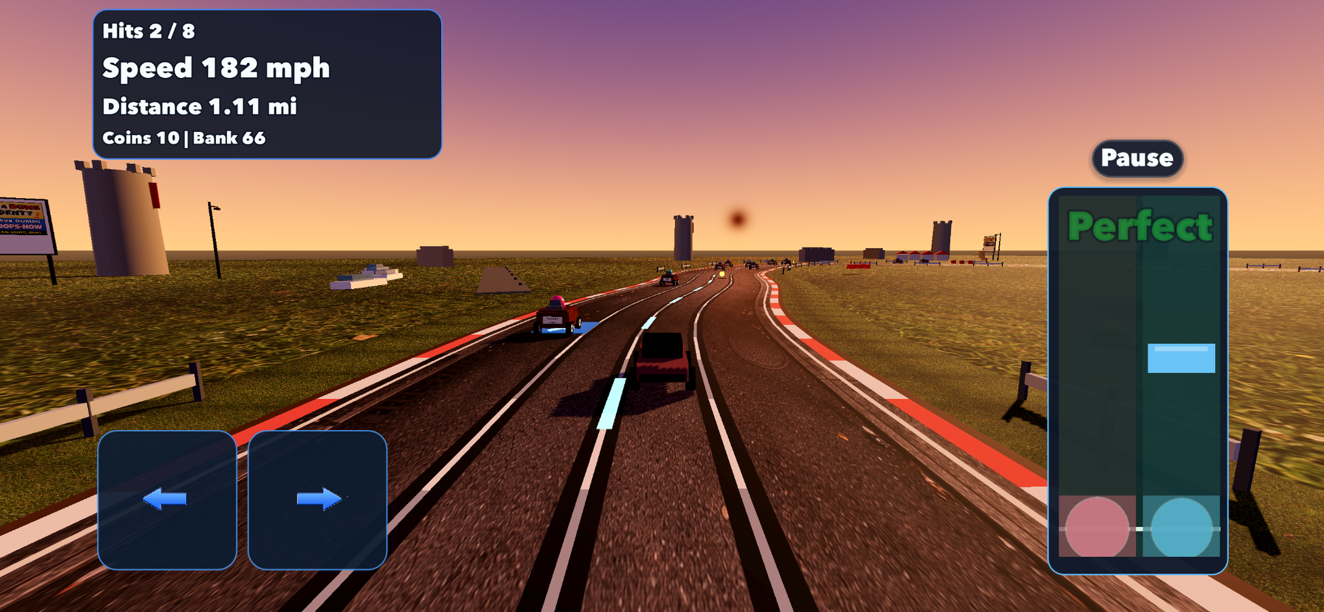 Distracted Driving sunset road scene with perfect timing feedback on the right panel.
