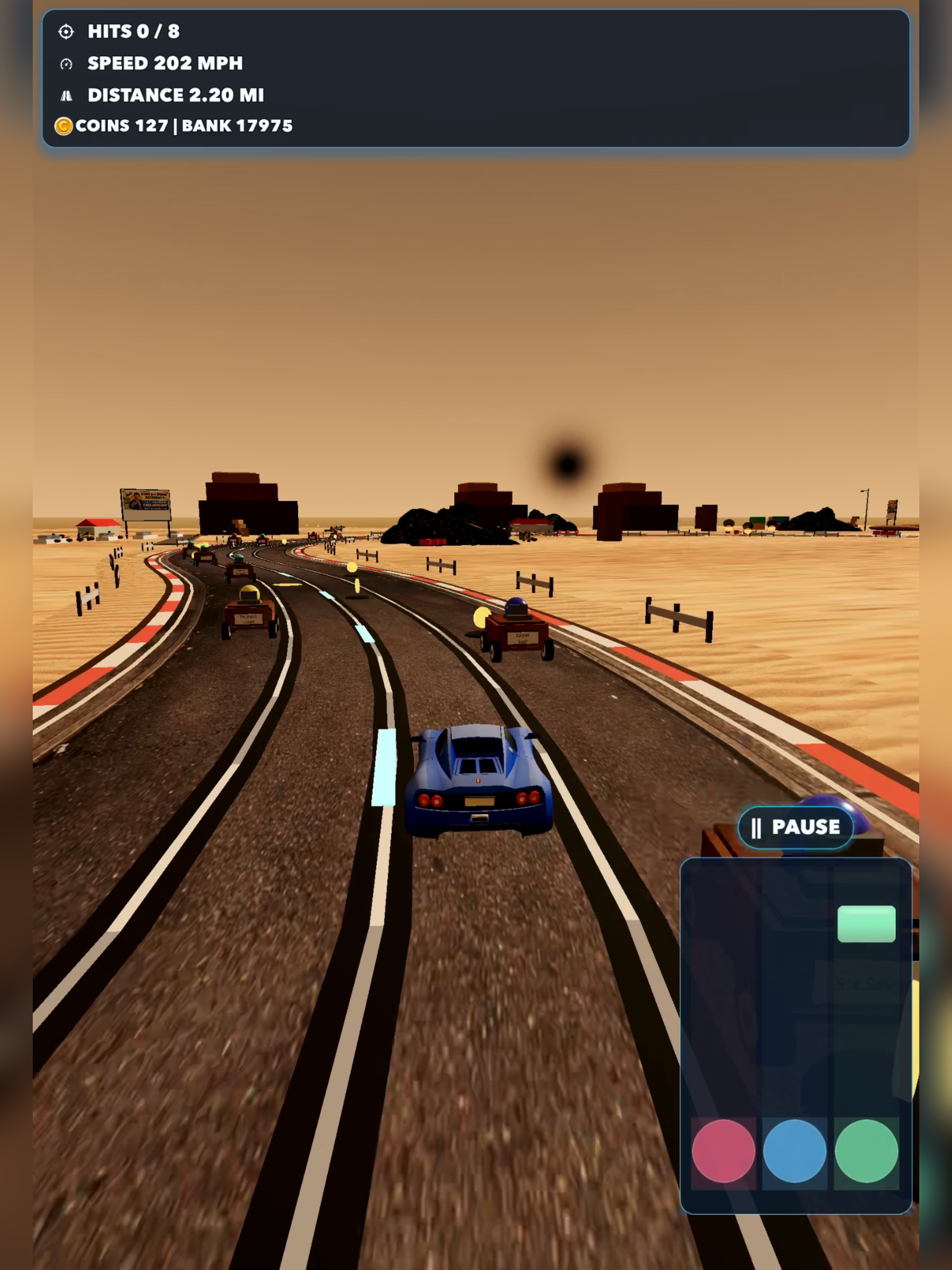 Distracted Driving desert gameplay with a sports car, traffic, coins, and timing panel.
