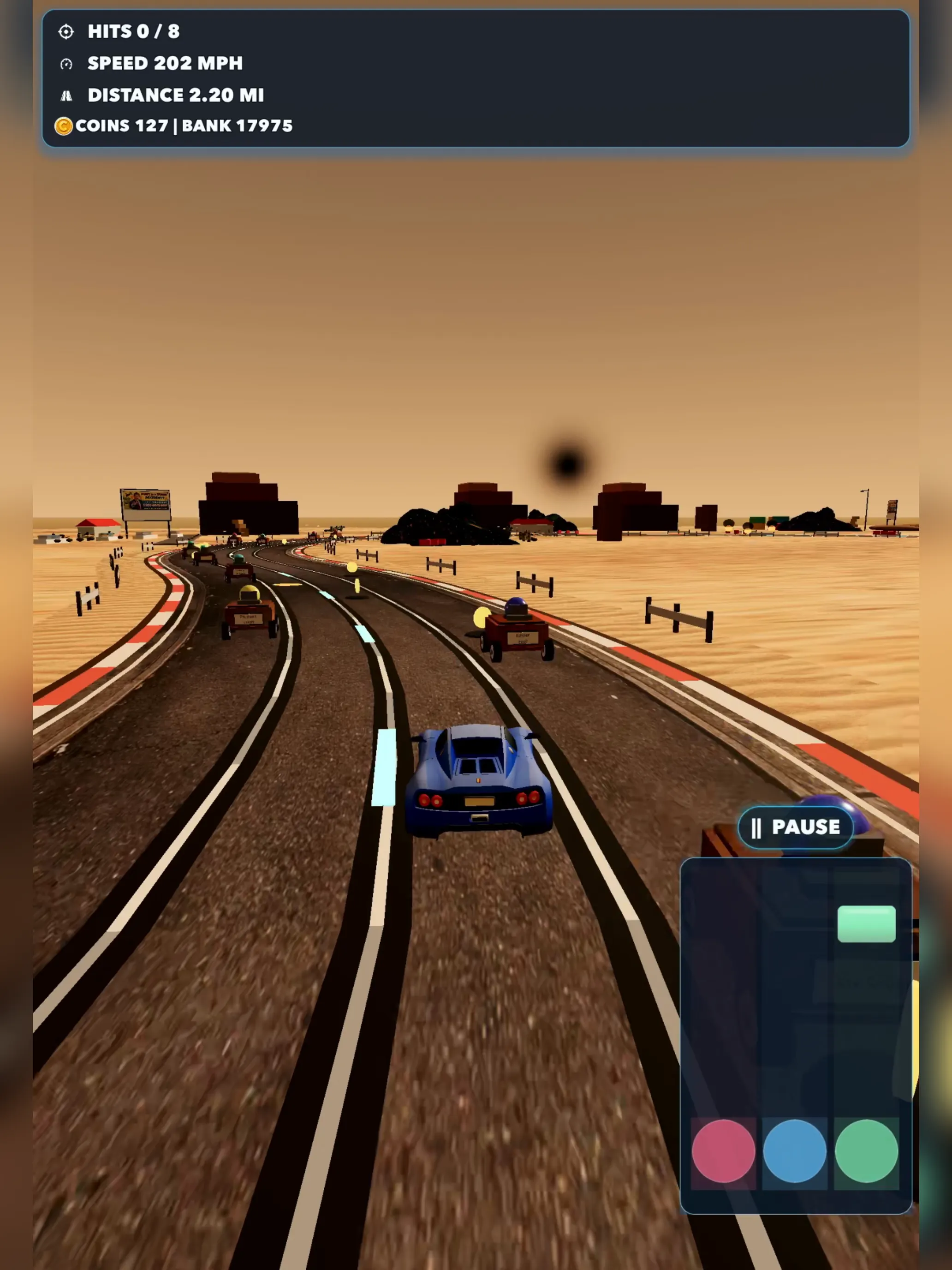 Distracted Driving desert gameplay with a sports car, traffic, coins, and timing panel.