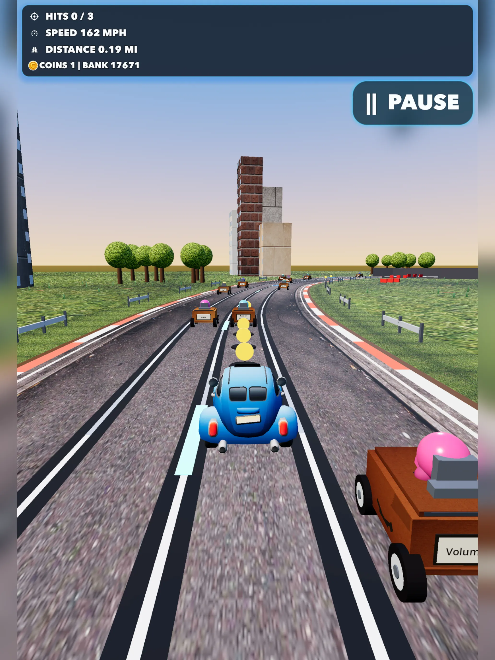 Distracted Driving gameplay with a blue car collecting coins while dodging traffic on a city road.
