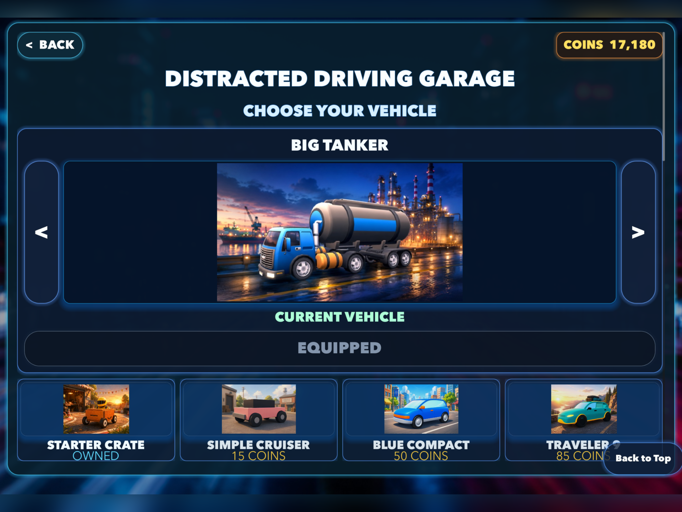 Distracted Driving garage screen showing vehicle selection and coin balance.