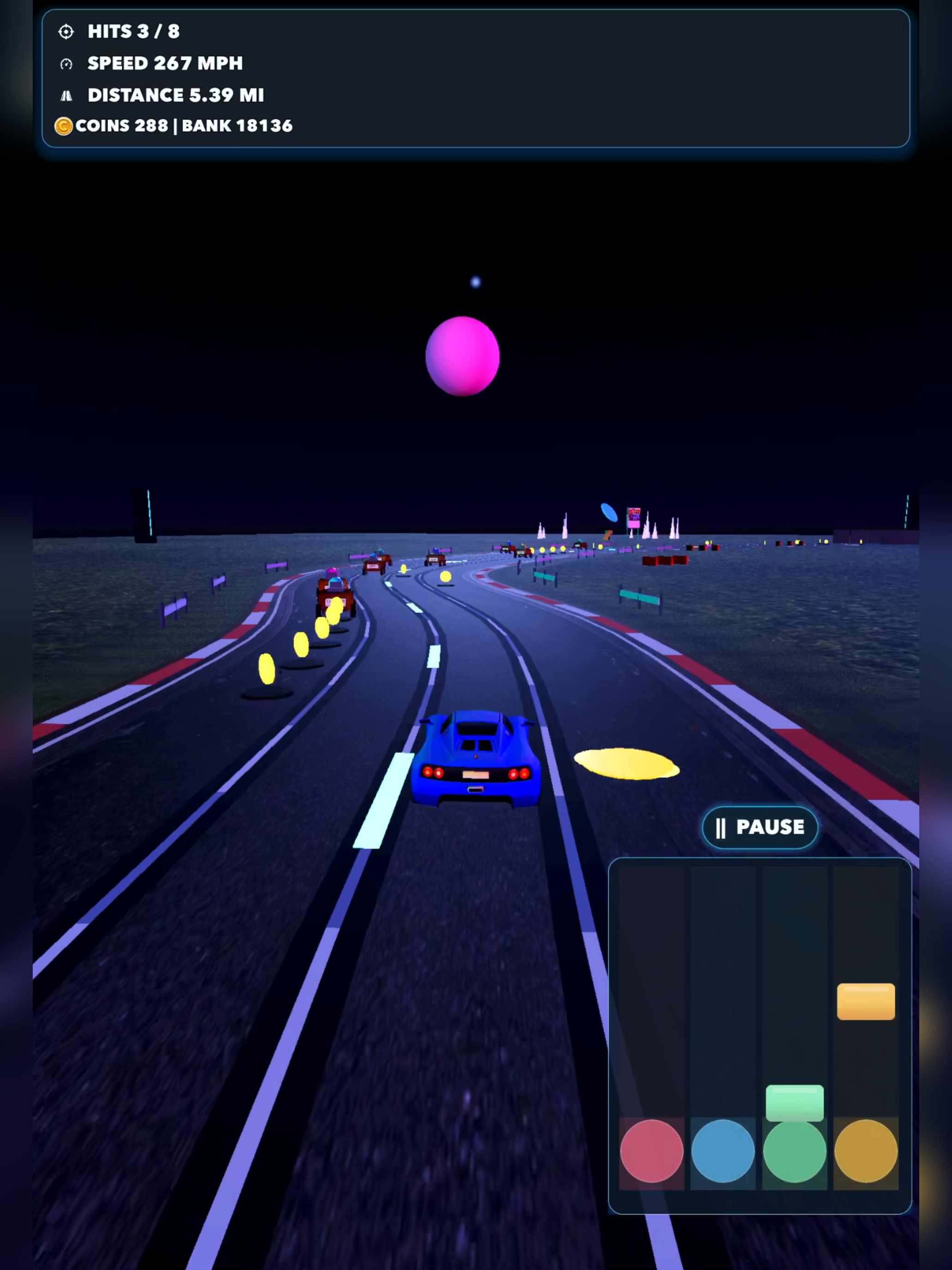 Distracted Driving neon night route with traffic, coins, speed, distance, and timing lanes.