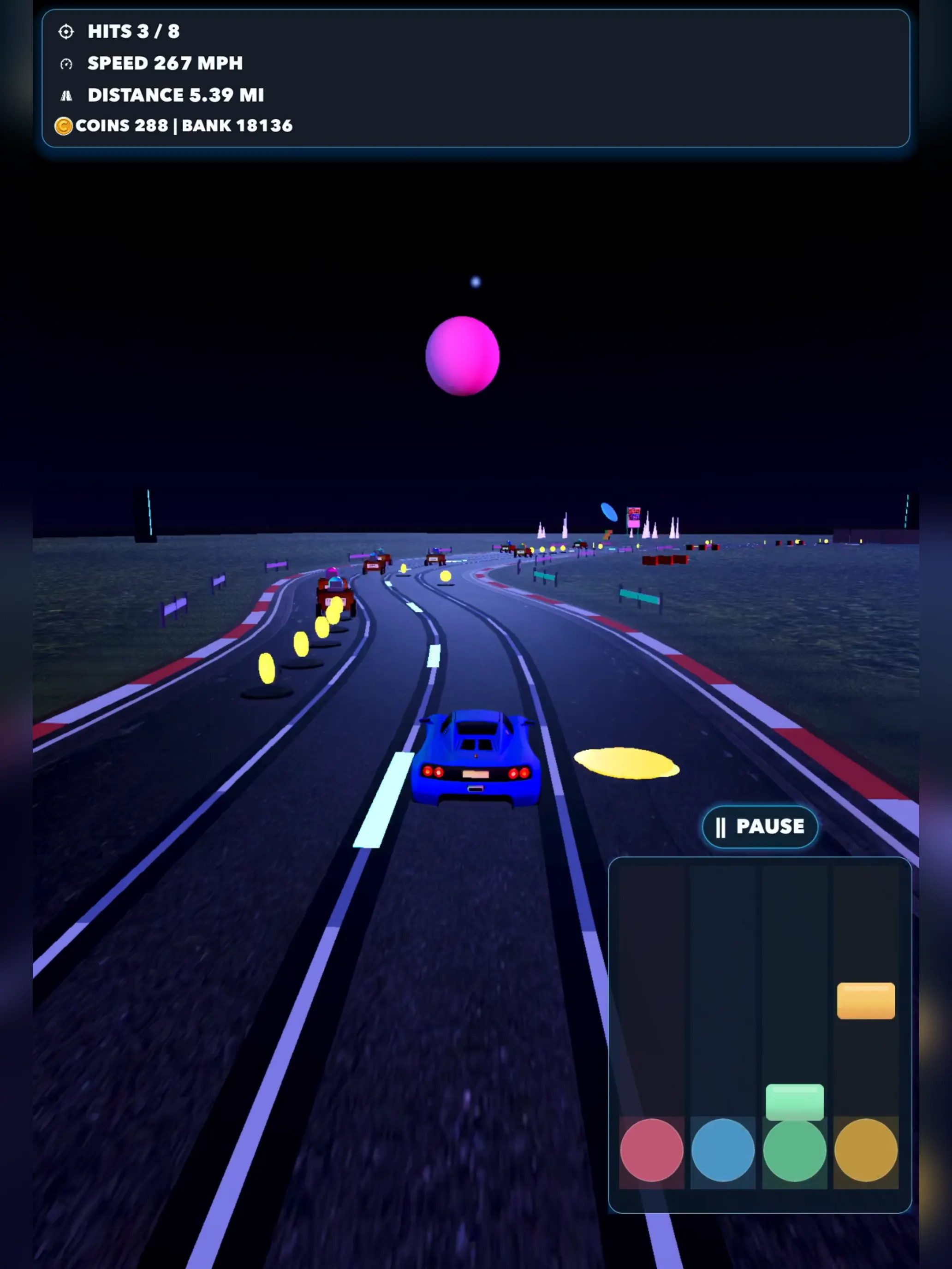 Distracted Driving neon night route with traffic, coins, speed, distance, and timing lanes.