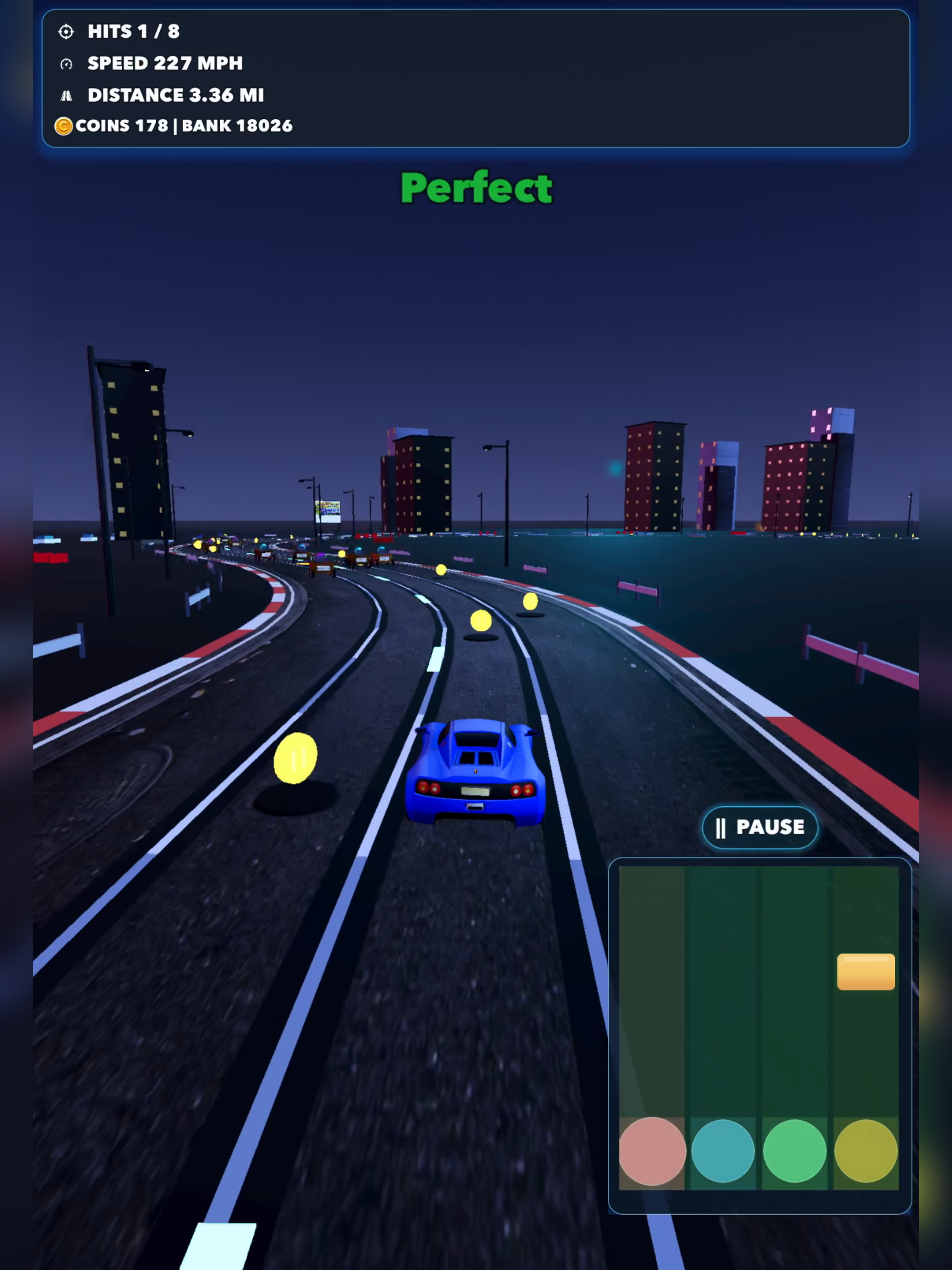 Distracted Driving nighttime city gameplay showing a perfect timing hit and coin route.