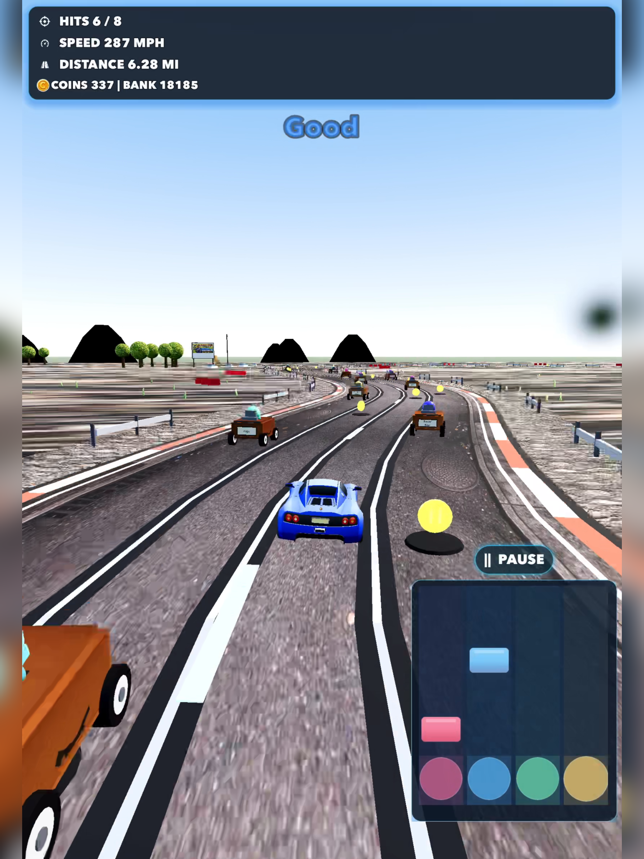 Distracted Driving open road gameplay with a blue car, coins, and traffic.