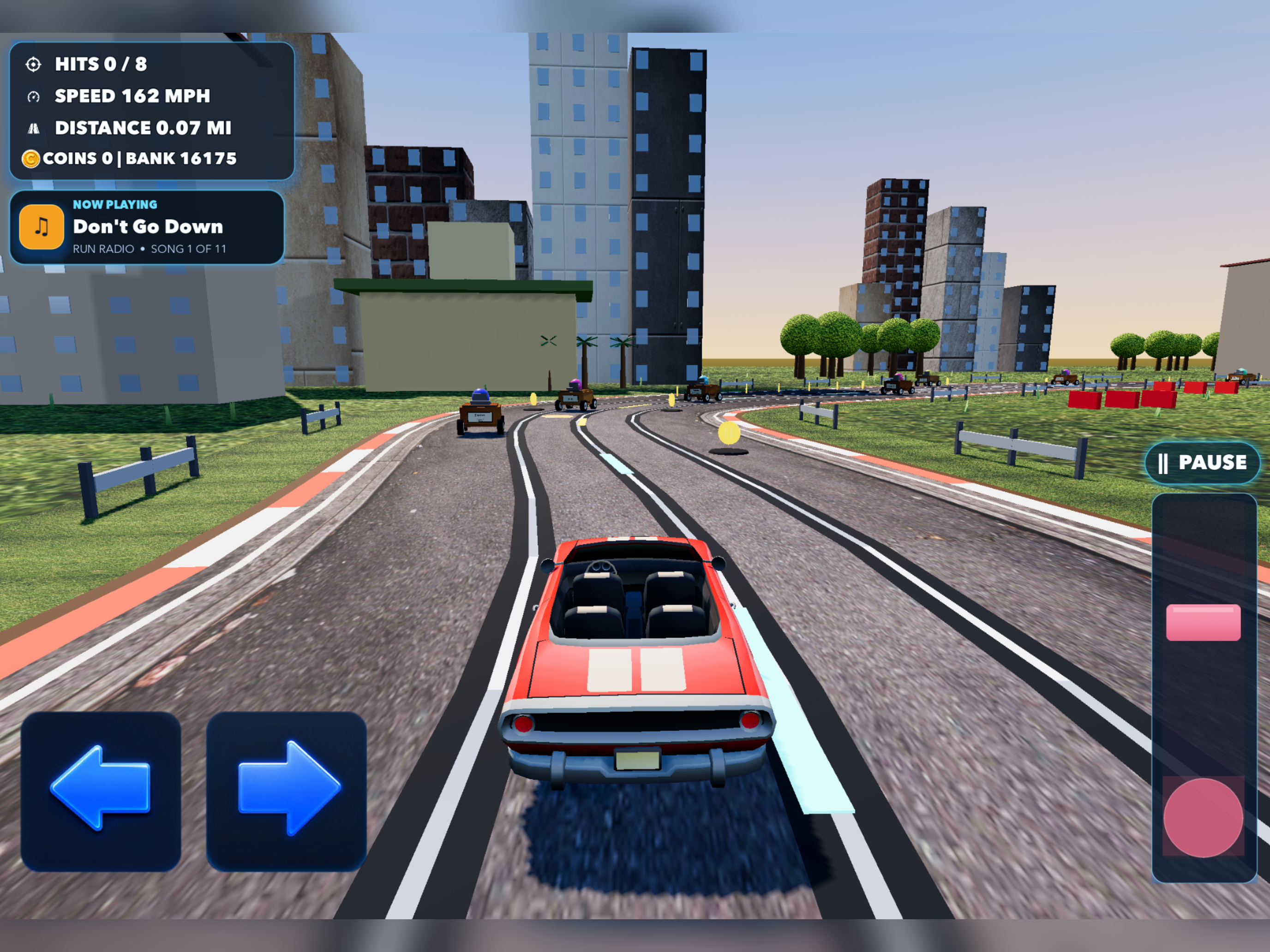 Distracted Driving gameplay showing a Now Playing panel with the song Don't Go Down.