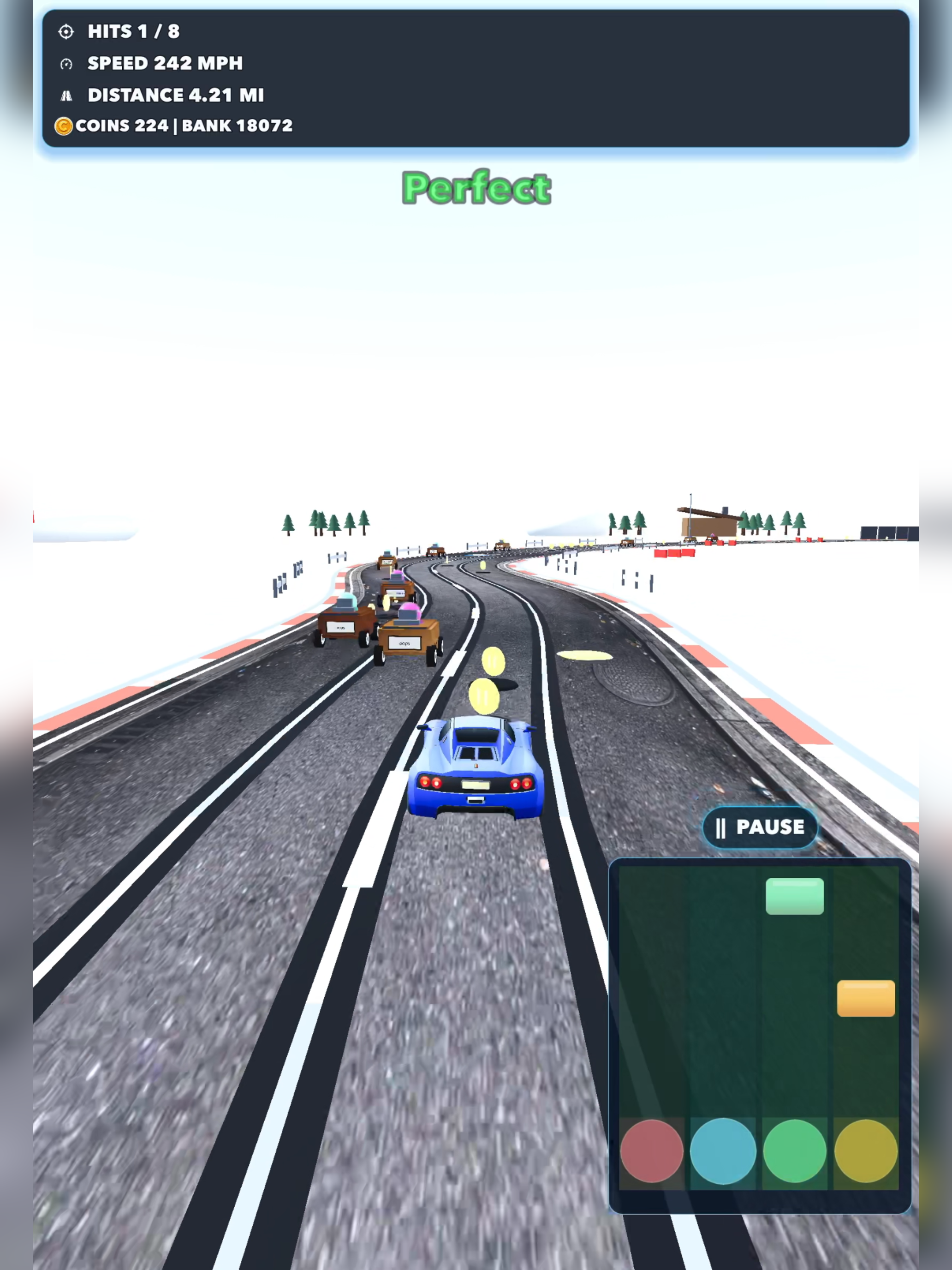Distracted Driving snow route gameplay with traffic, coins, and perfect note timing feedback.