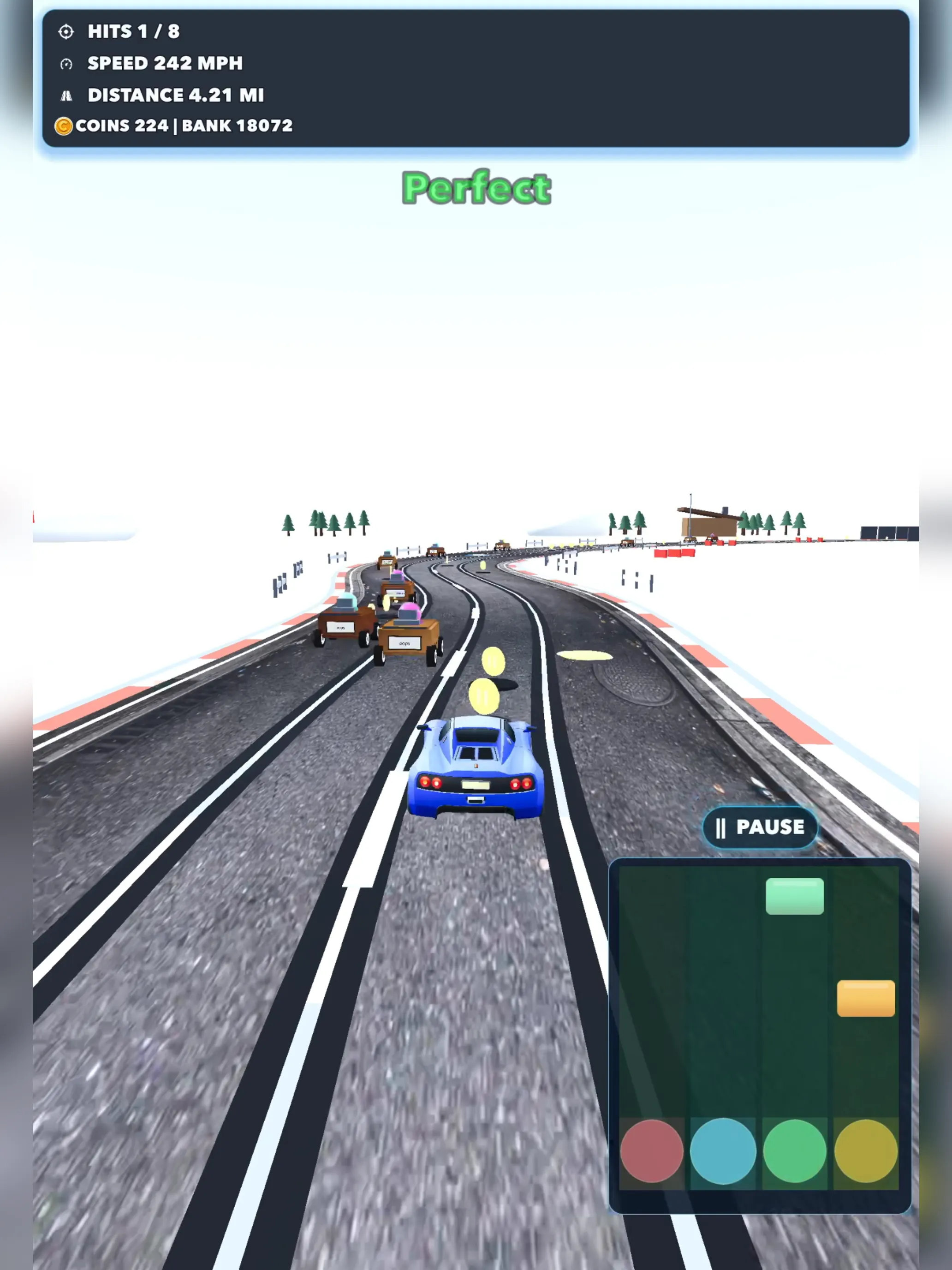 Distracted Driving snow route gameplay with traffic, coins, and perfect note timing feedback.