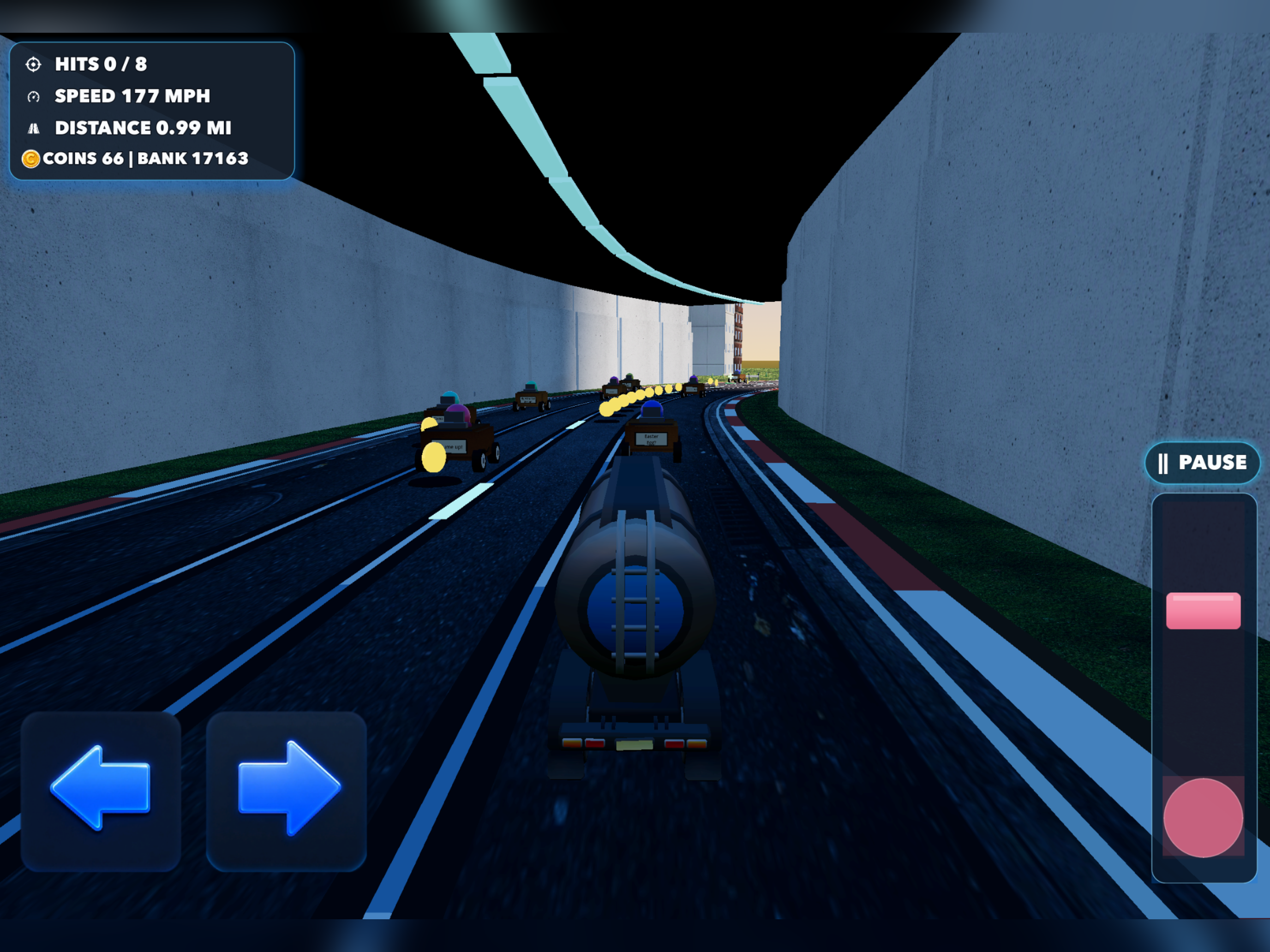Distracted Driving gameplay inside a tunnel with note lanes, traffic, speed, distance, and coin counters.