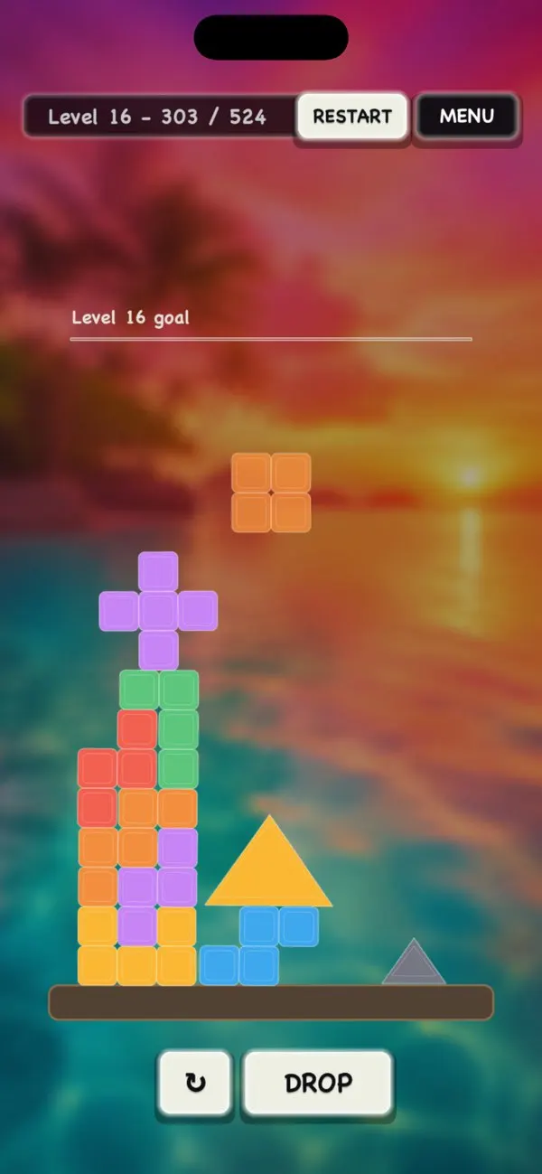 Shape Stackers screenshot showing colorful shapes balanced in the play area