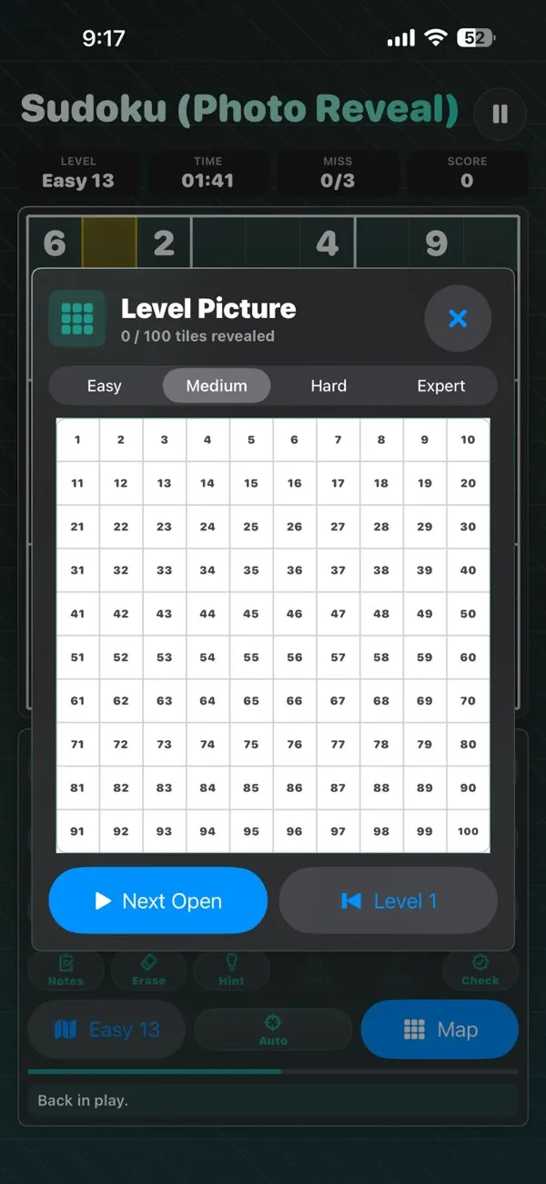 Sudoku Photo Reveal gameplay screenshot showing the puzzle board and photo reveal area