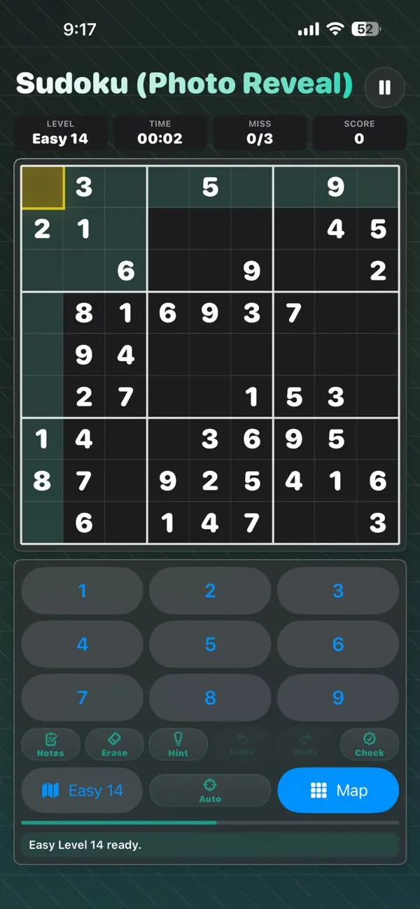 Sudoku Photo Reveal screenshot showing notes, controls, and puzzle progress