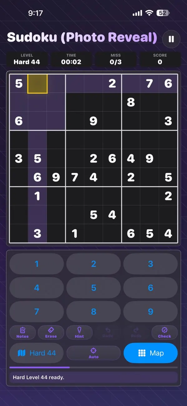 Sudoku Photo Reveal screenshot showing puzzle completion and reveal progress