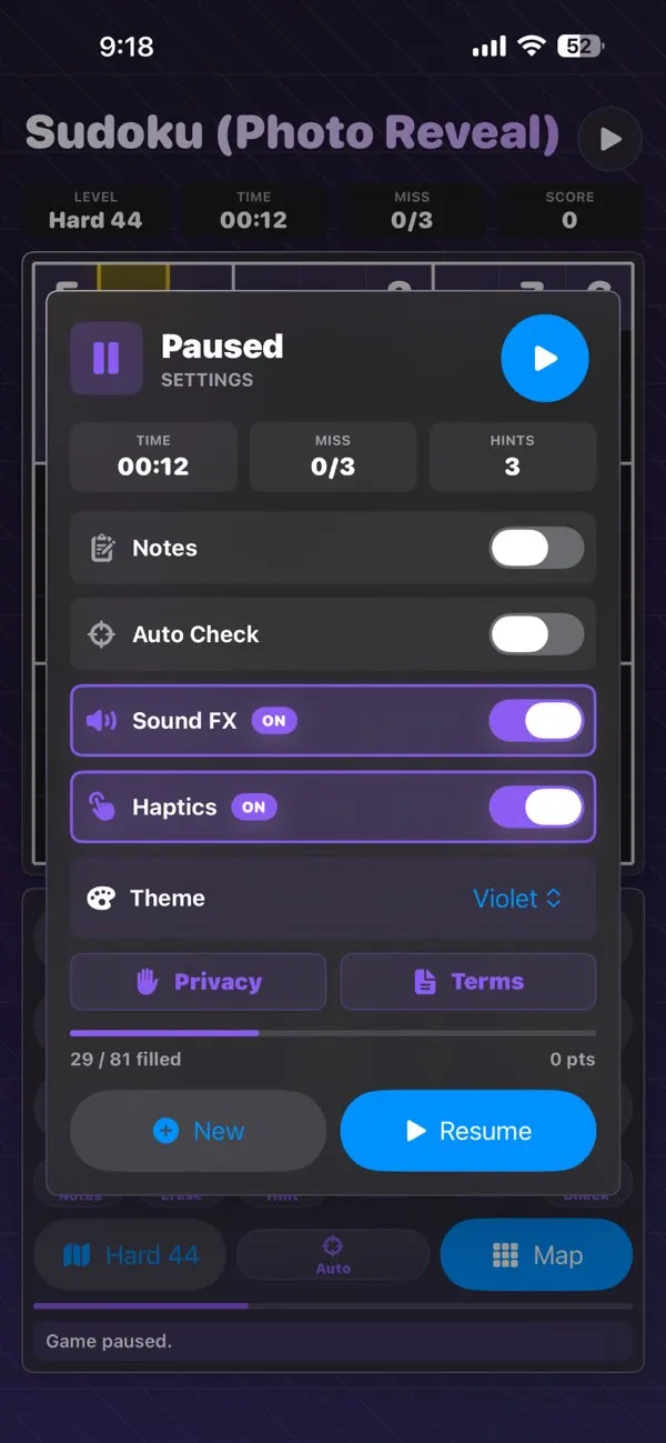 Sudoku Photo Reveal screenshot showing additional Sudoku gameplay controls